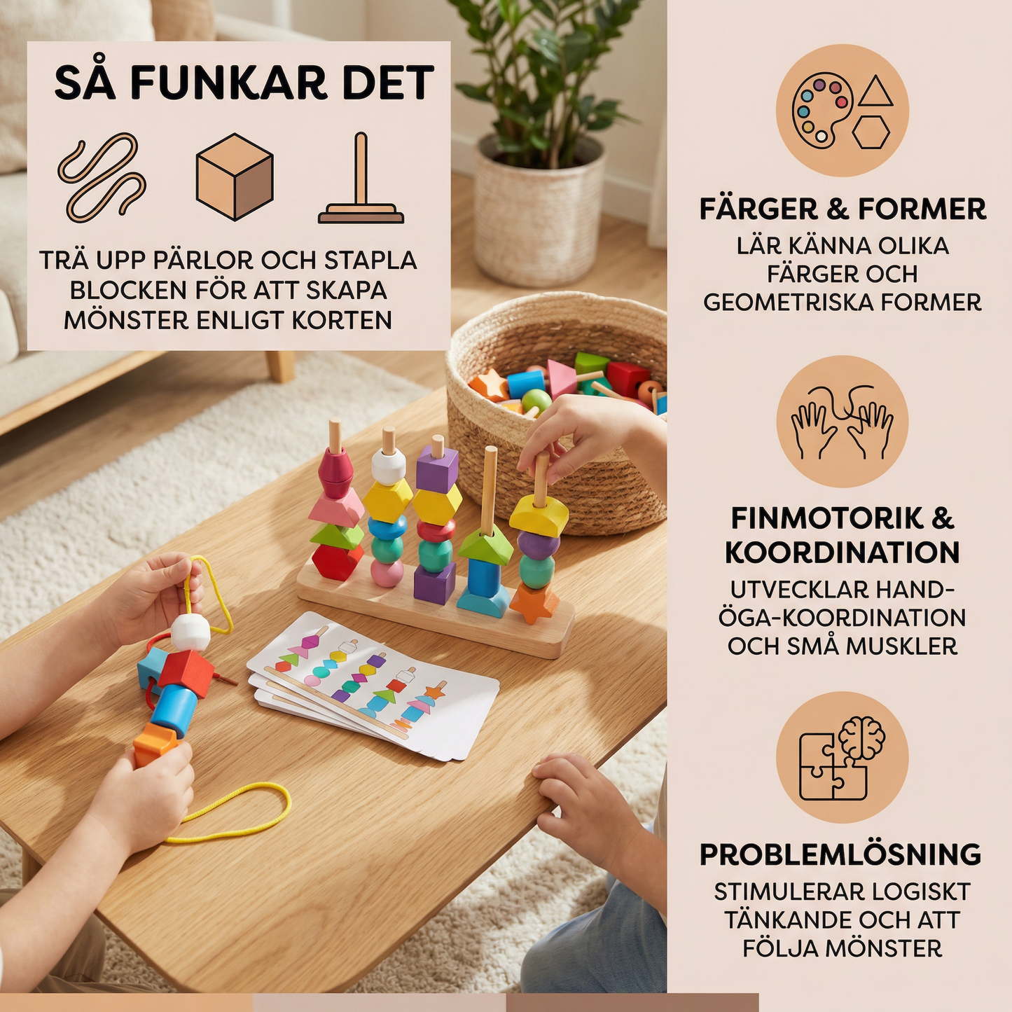 Montessori Trålleksak i Trä med Färger och Former