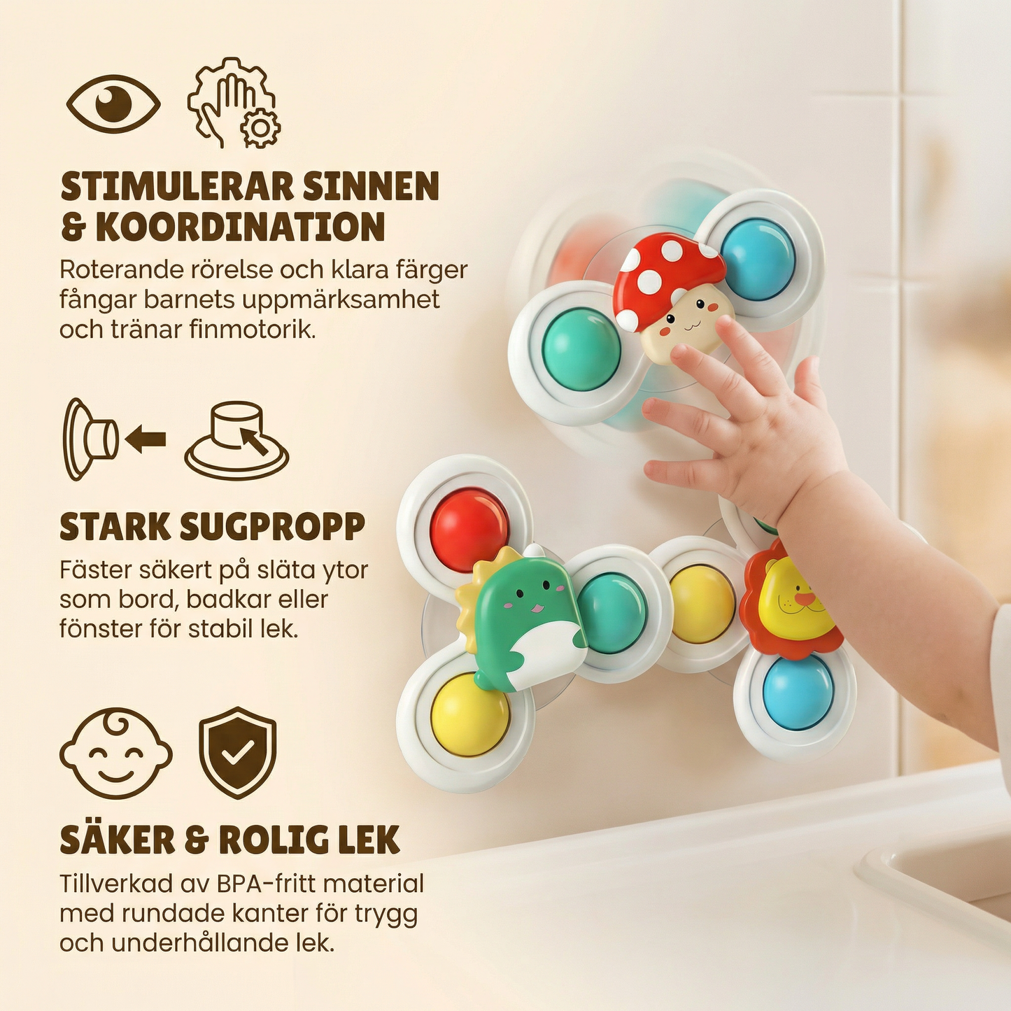 Söta snurrleksaker med sugpropp för bebisar – 3-pack