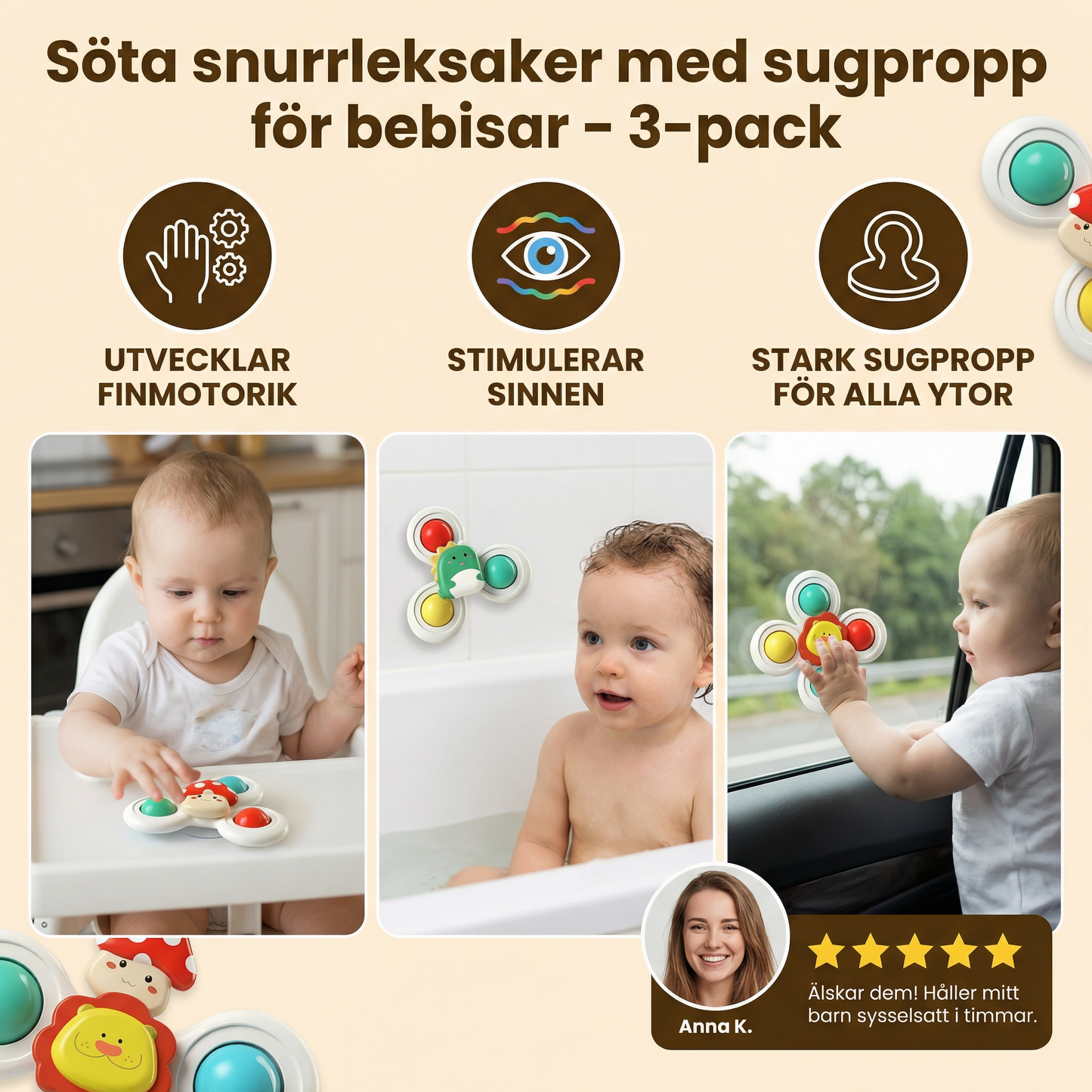 Söta snurrleksaker med sugpropp för bebisar – 3-pack