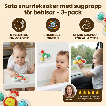 Söta snurrleksaker med sugpropp för bebisar – 3-pack