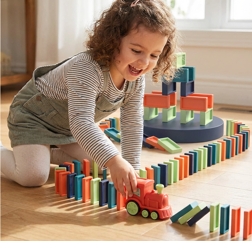 Domino-tågleksak För barn | Automatisk spårläggning med ljus och ljud för kreativ inlärning