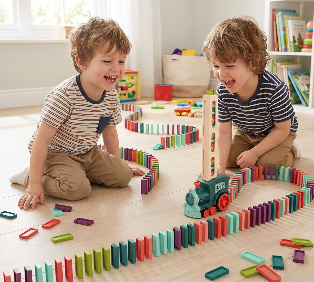 Domino-tågleksak För barn | Automatisk spårläggning med ljus och ljud för kreativ inlärning