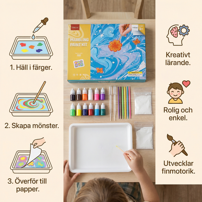 Marmoreringsfärgssats för barn ⎜ Kreativt vattenkonstset med färger, verktyg och bricka för rolig målning och lärande