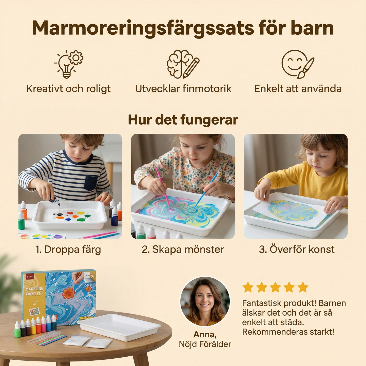 Marmoreringsfärgssats för barn ⎜ Kreativt vattenkonstset med färger, verktyg och bricka för rolig målning och lärande