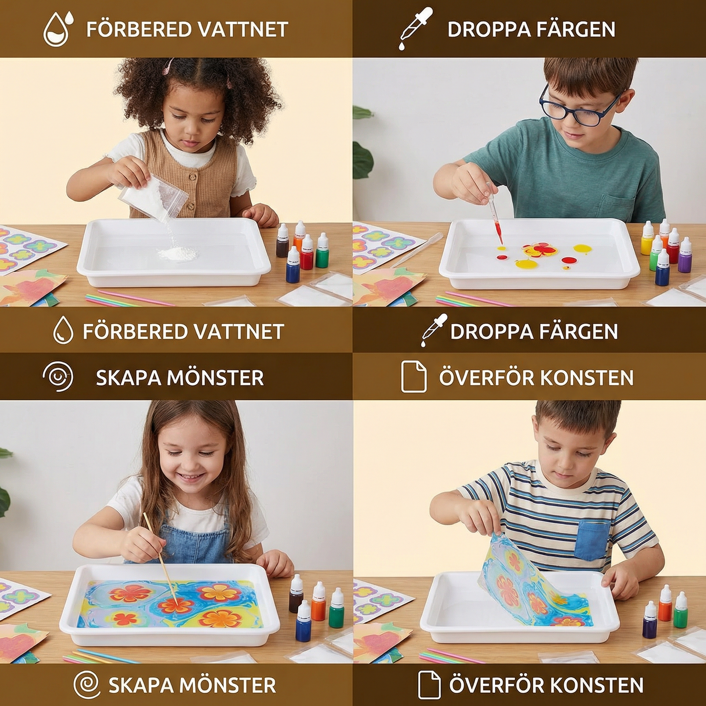 Marmoreringsfärgssats för barn ⎜ Kreativt vattenkonstset med färger, verktyg och bricka för rolig målning och lärande