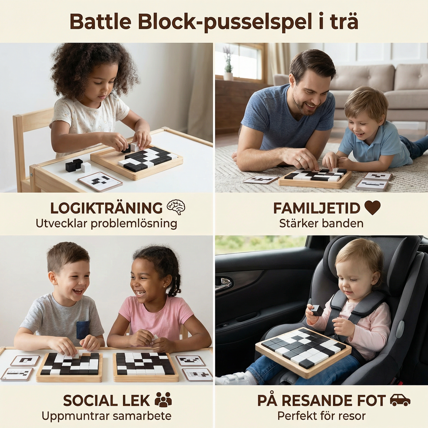 Battle Block-pusselspel i trä ⎜ Pedagogisk leksak för logikträning för barn med kort och brädspel
