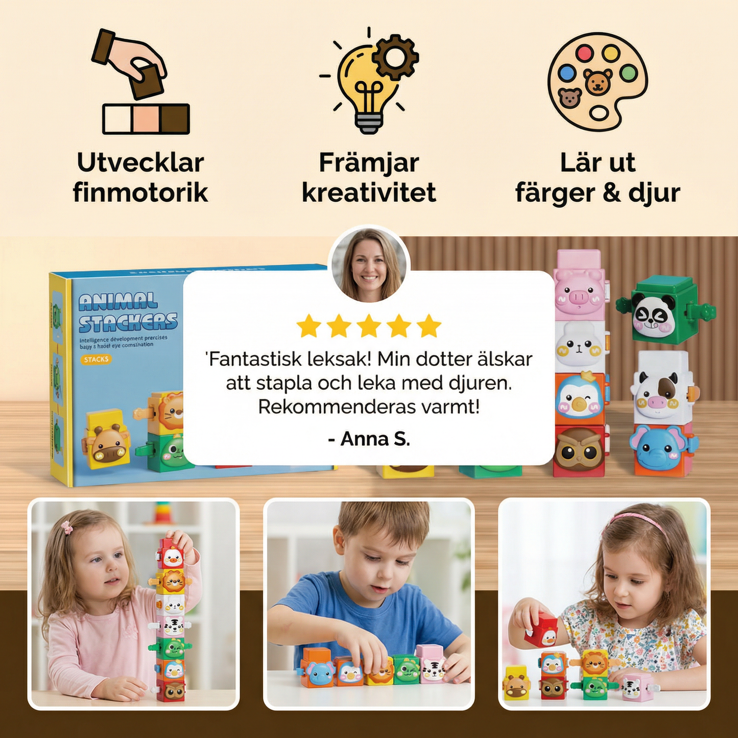 Pedagogiskt Montessori djurstaplingsbyggleksak