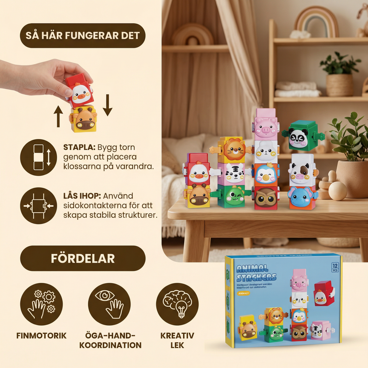 Pedagogiskt Montessori djurstaplingsbyggleksak