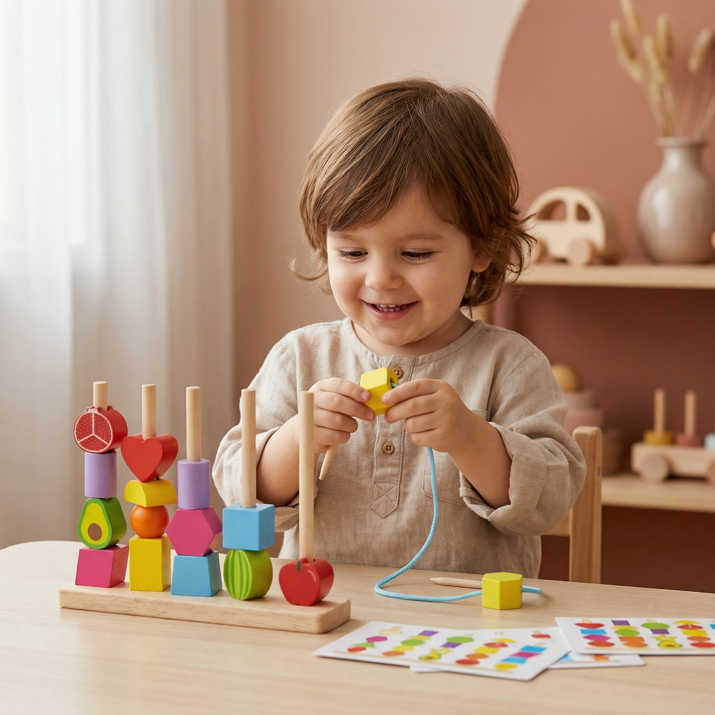 Montessori Trålleksak i Trä med Färger och Former