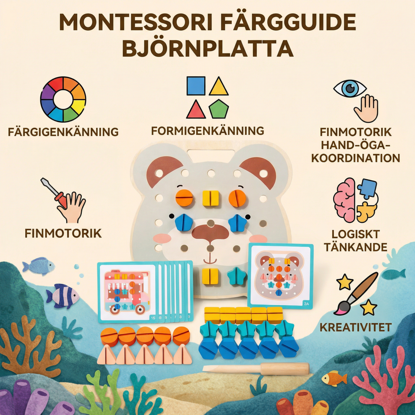 Montessori Färg- och Formkort med Björnplatta för Små Pysslare