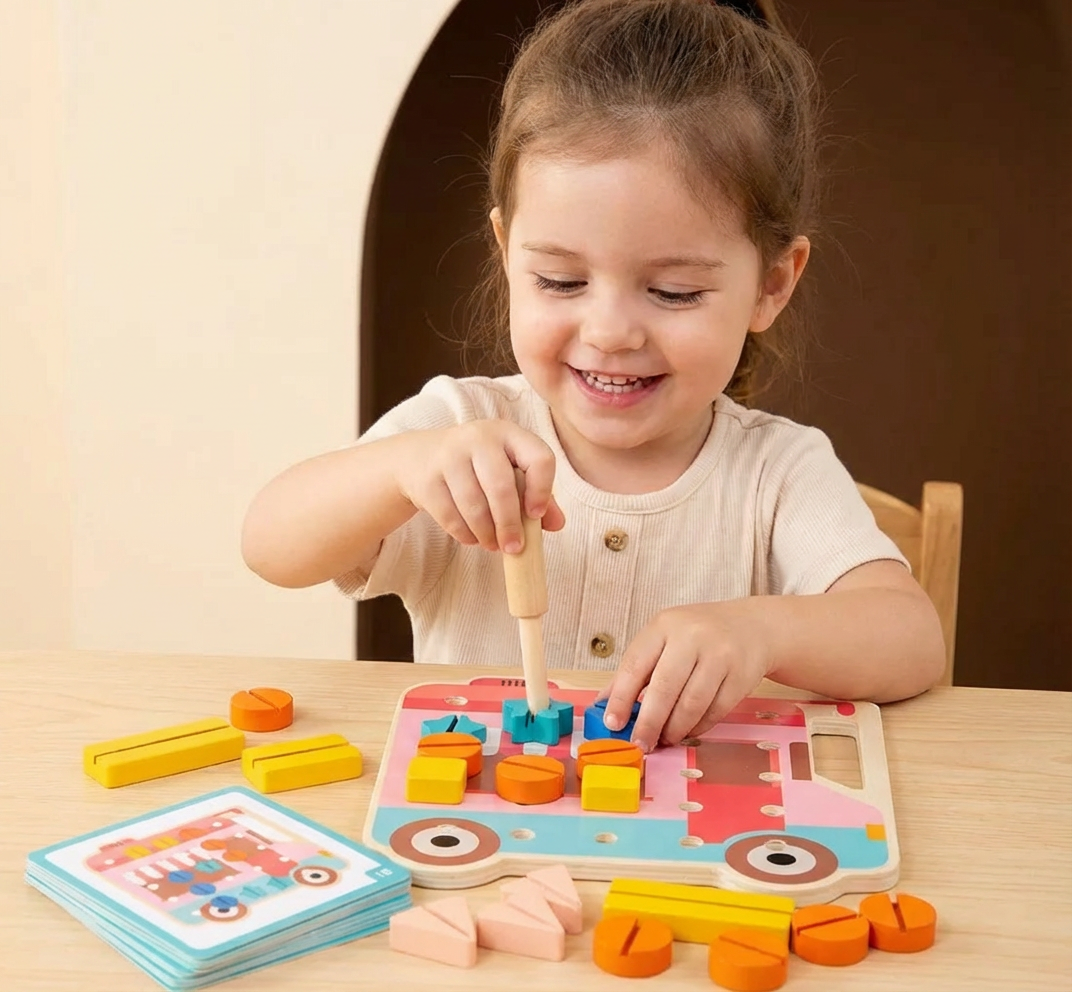Montessori Färg- och Formkort med Björnplatta för Små Pysslare