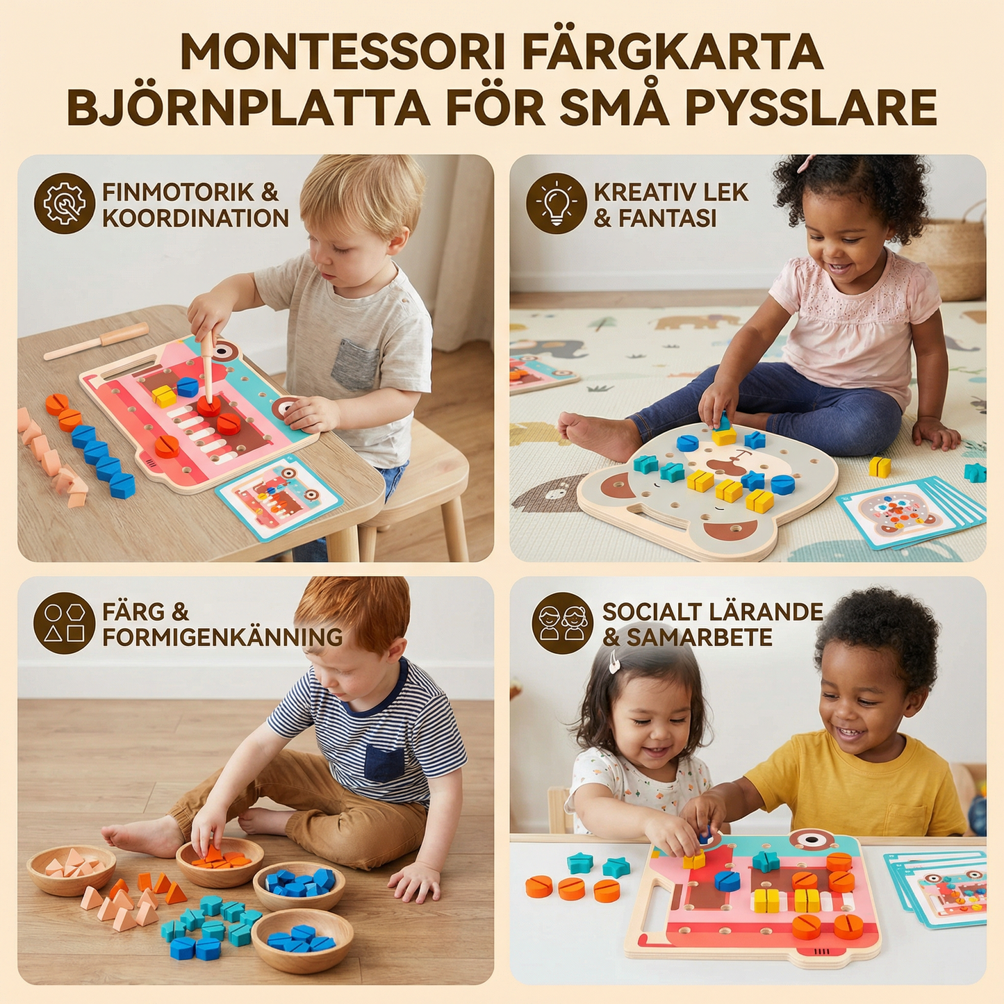 Montessori Färg- och Formkort med Björnplatta för Små Pysslare