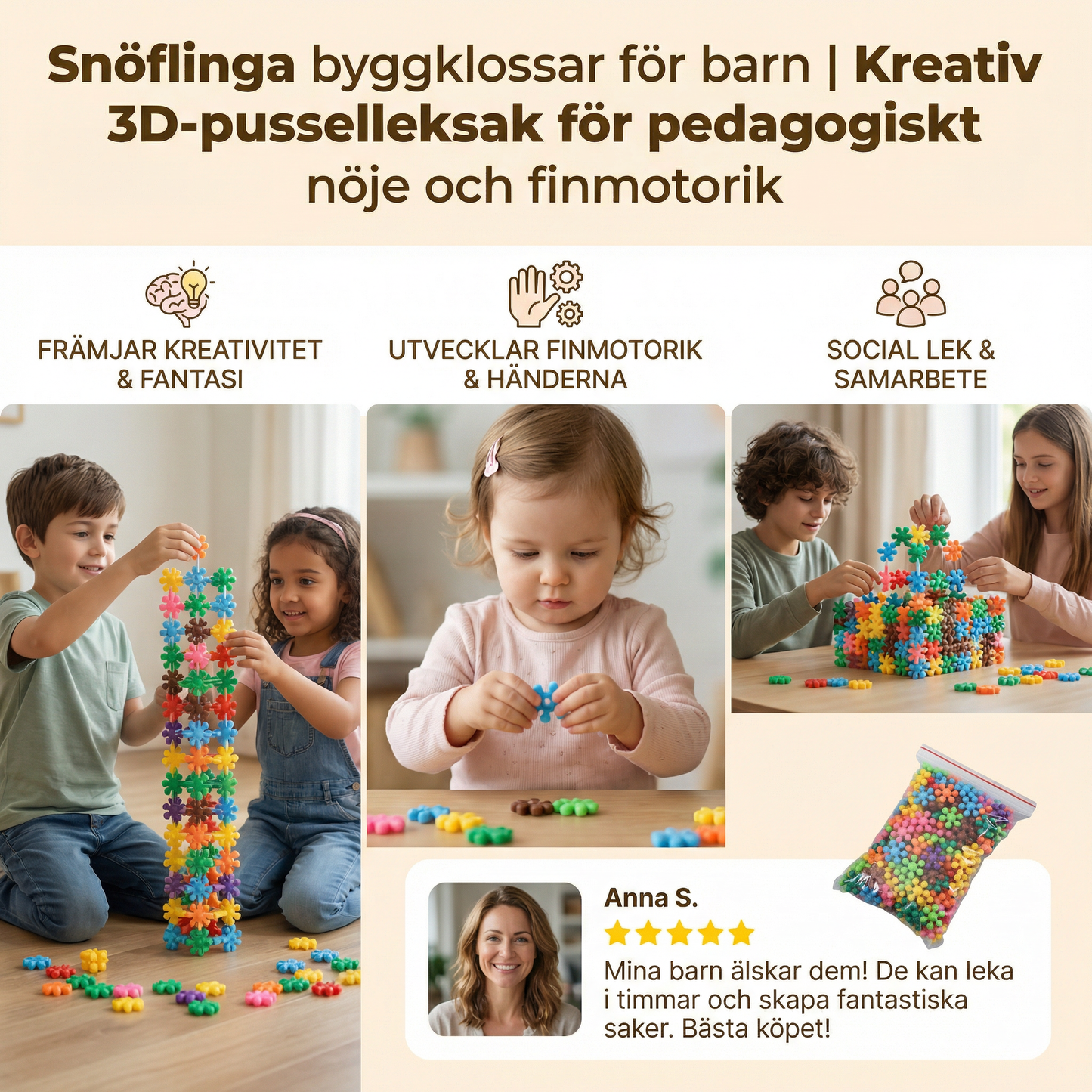 Snöflinga byggklossar för barn | Kreativ 3D-pusselleksak för pedagogiskt nöje och finmotorik