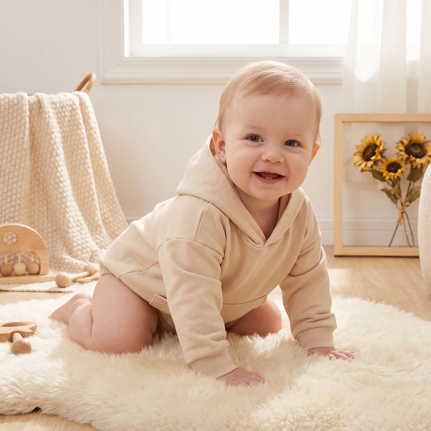 Babyromper med huva – Mjuk långärmad sparkdräkt med framficka