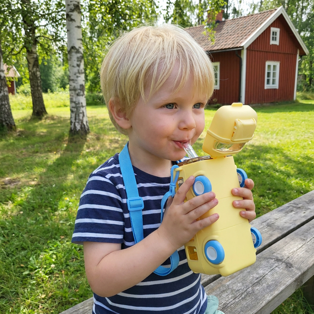 Vattenflaska för barn i bussdesign med sugrör och justerbart band
